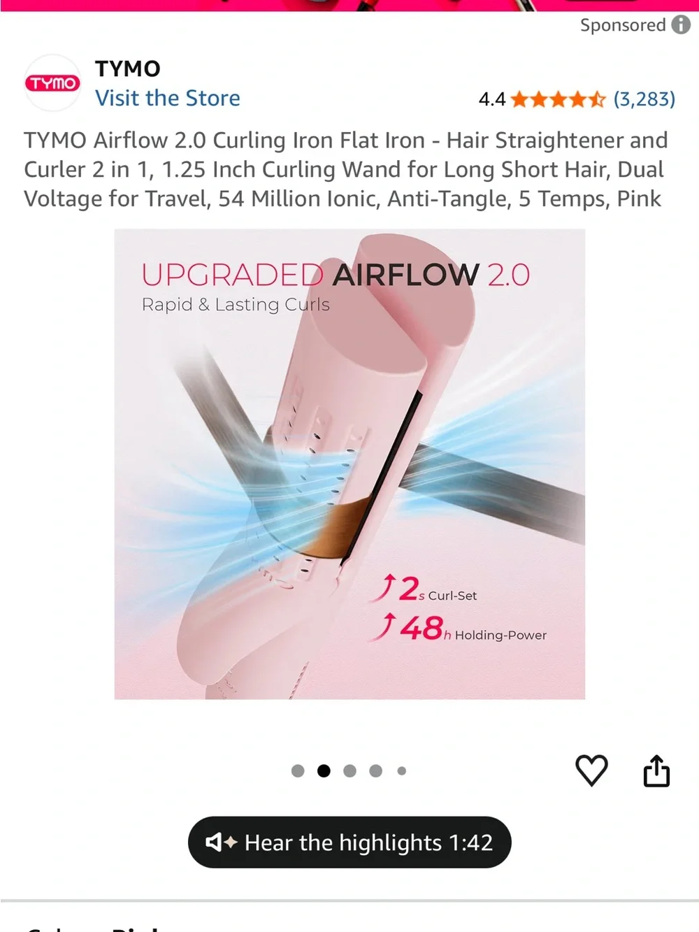 TYMO Airflow 2.0 Pink 2-in-1 Curling Iron & Flat Iron